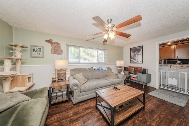 1361 Holmes Rd, Ypsilanti, MI 48198 - living area featuring independent washer and dryer, a textured ceiling, ceiling fan, and wood finished floors