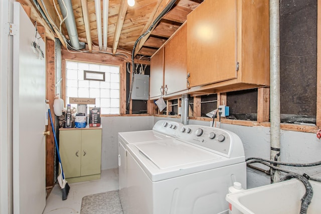 1361 Holmes Rd, Ypsilanti, MI 48198 - washroom featuring cabinet space, electric panel, and washing machine and clothes dryer
