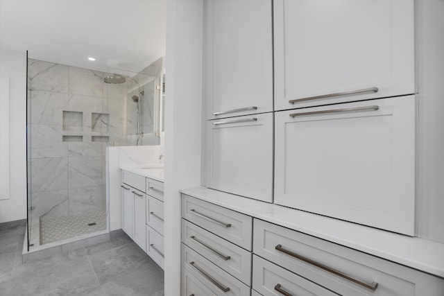 7280 Austin Rd, Saline, MI 48176 - full bath with marble look tiles, a shower stall, vanity, and recessed lighting