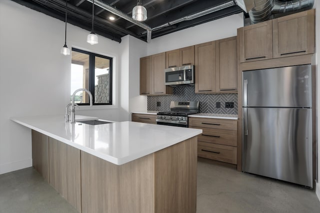 7280 Austin Rd, Saline, MI 48176 - kitchen featuring appliances with stainless steel finishes, concrete flooring, tasteful backsplash, light countertops, and a peninsula