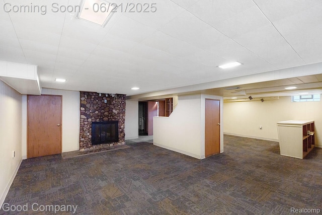 3603 Dukeshire Hwy, Royal Oak, MI 48073 - below grade area featuring dark colored carpet, a stone fireplace, and recessed lighting