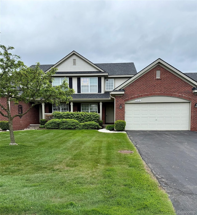 6438 Club Ct W, Grand Blanc, MI 48439 - traditional-style home featuring driveway, a garage, brick siding, a front yard, and roof with shingles