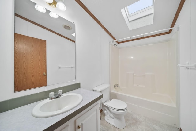 3280 Carlton Blvd, Jackson, MI 49203 - bathroom with lofted ceiling, a skylight, vanity, shower / washtub combination, and tile patterned floors