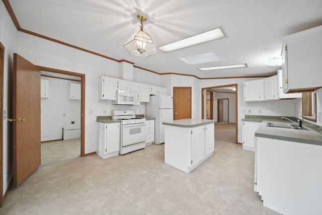 3280 Carlton Blvd, Jackson, MI 49203 - kitchen featuring white appliances, white cabinetry, a kitchen island, crown molding, and light floors