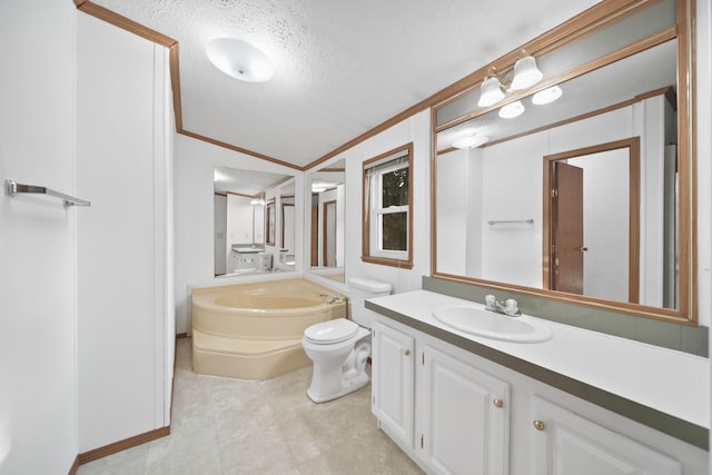 3280 Carlton Blvd, Jackson, MI 49203 - full bathroom featuring a garden tub, ornamental molding, vanity, a textured ceiling, and tile patterned floors