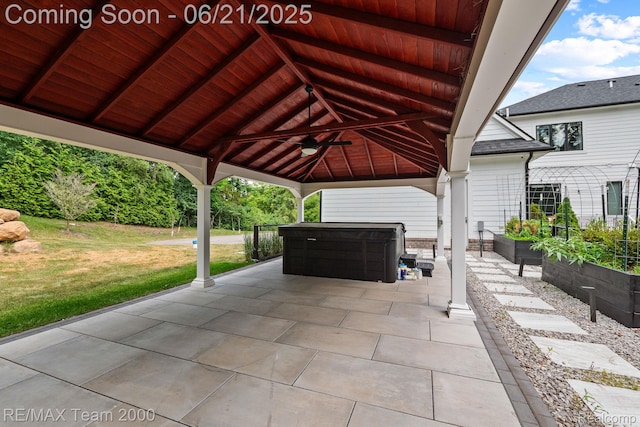 32575 Romsey Rd, Franklin, MI 48025 - view of patio featuring a gazebo, a ceiling fan, and a hot tub