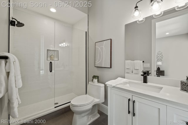 32575 Romsey Rd, Franklin, MI 48025 - bathroom with a stall shower, vanity, and tile patterned flooring