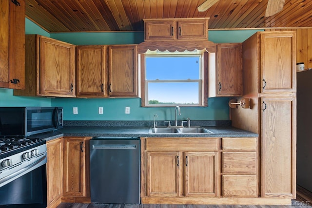 14211 Gilbert Rd, Waldron, MI 49288 - kitchen featuring dishwashing machine, wooden ceiling, black microwave, dark countertops, and stainless steel gas range