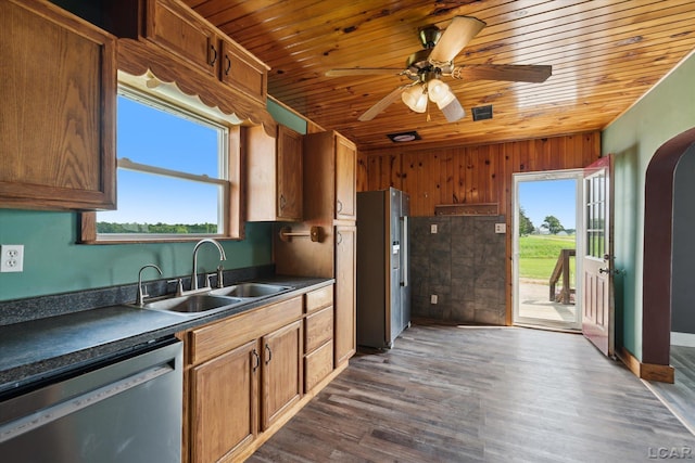 14211 Gilbert Rd, Waldron, MI 49288 - kitchen with dishwasher, dark countertops, wooden ceiling, dark wood-style flooring, and a ceiling fan