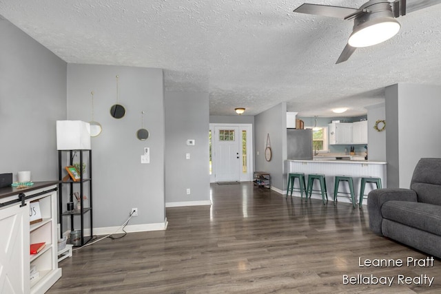127 Hamilton Ln, Dowling, MI 49050 - living area with a textured ceiling, a ceiling fan, and dark wood finished floors