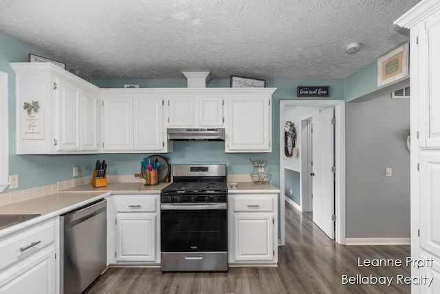 127 Hamilton Ln, Dowling, MI 49050 - kitchen with appliances with stainless steel finishes, under cabinet range hood, dark wood-style flooring, light countertops, and a textured ceiling