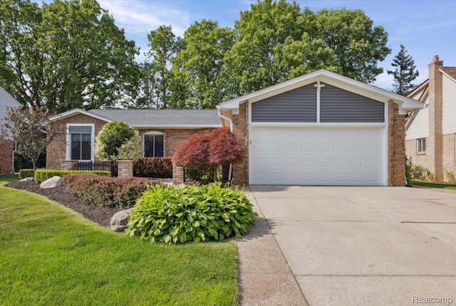 1101 Shallowdale Dr, Troy, MI 48085 - view of front of property with brick siding, concrete driveway, a garage, and a front lawn
