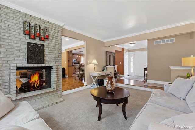1101 Shallowdale Dr, Troy, MI 48085 - carpeted living area with ornamental molding and a brick fireplace