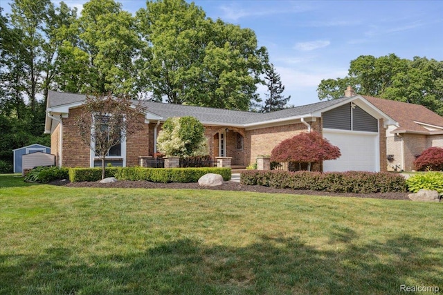 1101 Shallowdale Dr, Troy, MI 48085 - view of front facade with brick siding, a front lawn, a garage, and a storage unit