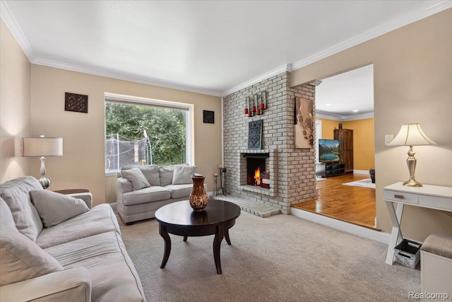 1101 Shallowdale Dr, Troy, MI 48085 - carpeted living area with a brick fireplace and ornamental molding
