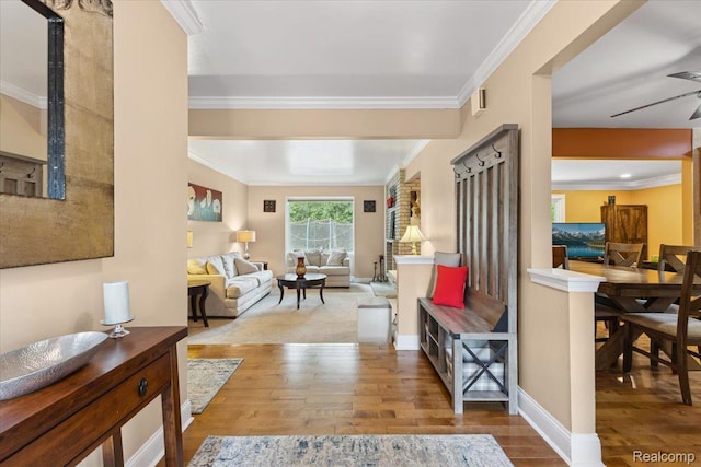 1101 Shallowdale Dr, Troy, MI 48085 - living room featuring wood finished floors, crown molding, and a ceiling fan