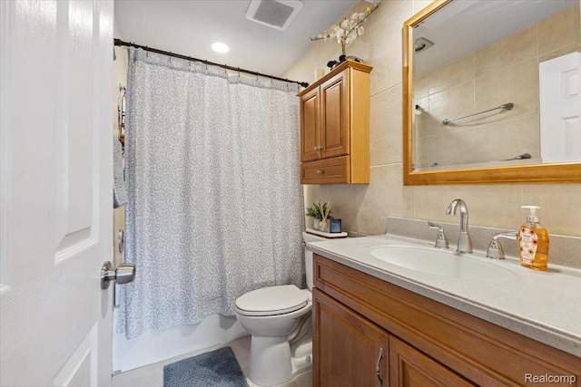 1101 Shallowdale Dr, Troy, MI 48085 - bathroom featuring vanity, tile walls, decorative backsplash, and shower / tub combo with curtain