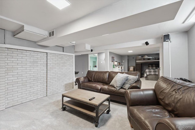 1101 Shallowdale Dr, Troy, MI 48085 - carpeted living room featuring brick wall