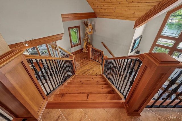 199 E Brooks Rd, Midland, MI 48640 - staircase with wood ceiling and vaulted ceiling