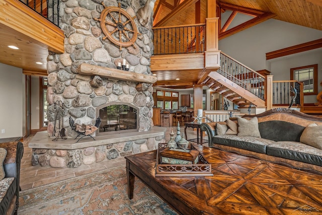 199 E Brooks Rd, Midland, MI 48640 - living room featuring high vaulted ceiling, stairway, a fireplace, recessed lighting, and wooden ceiling