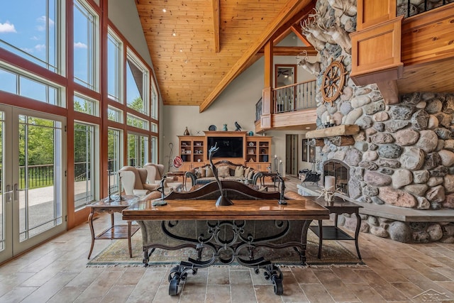 199 E Brooks Rd, Midland, MI 48640 - home office featuring wooden ceiling, high vaulted ceiling, a stone fireplace, and french doors