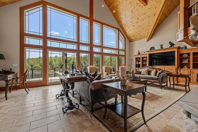 199 E Brooks Rd, Midland, MI 48640 - living room with a wooden ceiling with exposed beams and high vaulted ceiling