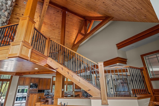 199 E Brooks Rd, Midland, MI 48640 - stairs with high vaulted ceiling and wood ceiling