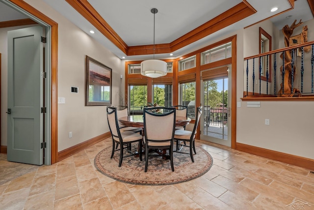 199 E Brooks Rd, Midland, MI 48640 - dining area with a tray ceiling, stone tile floors, recessed lighting, and ornamental molding