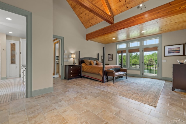 199 E Brooks Rd, Midland, MI 48640 - bedroom featuring a wooden ceiling with exposed beams, access to outside, recessed lighting, stone tile floors, and high vaulted ceiling