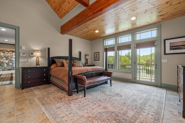 199 E Brooks Rd, Midland, MI 48640 - bedroom featuring a wooden ceiling with exposed beams, access to exterior, recessed lighting, stone tile floors, and high vaulted ceiling