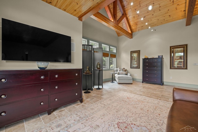 199 E Brooks Rd, Midland, MI 48640 - living room featuring a wood ceiling with exposed beams and high vaulted ceiling