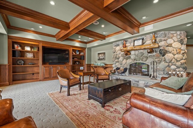 199 E Brooks Rd, Midland, MI 48640 - carpeted living area with beam ceiling, ornamental molding, coffered ceiling, recessed lighting, and a stone fireplace