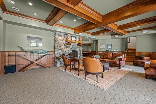 199 E Brooks Rd, Midland, MI 48640 - carpeted living room with beam ceiling, a wainscoted wall, coffered ceiling, a fireplace, and ornamental molding