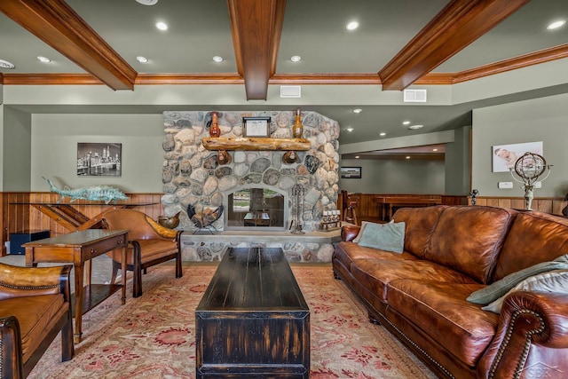 199 E Brooks Rd, Midland, MI 48640 - living area featuring a stone fireplace, beam ceiling, ornamental molding, a wainscoted wall, and wood finished floors