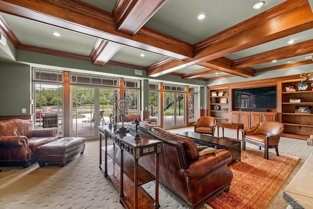 199 E Brooks Rd, Midland, MI 48640 - living room featuring beam ceiling, coffered ceiling, crown molding, recessed lighting, and french doors