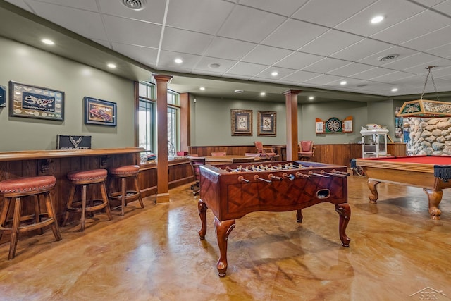 199 E Brooks Rd, Midland, MI 48640 - recreation room featuring concrete flooring, ornate columns, a dry bar, wainscoting, and billiards