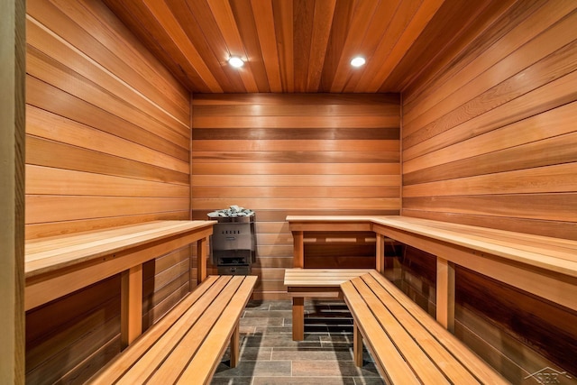 199 E Brooks Rd, Midland, MI 48640 - relaxing sauna / steam room featuring wood ceiling, recessed lighting, and wooden walls