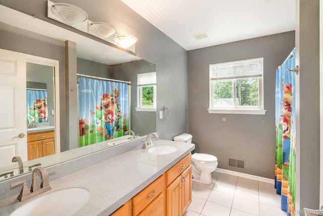 11275 Grand Oaks Dr, Clio, MI 48420 - bathroom with double vanity, tile patterned flooring, and a shower with shower curtain