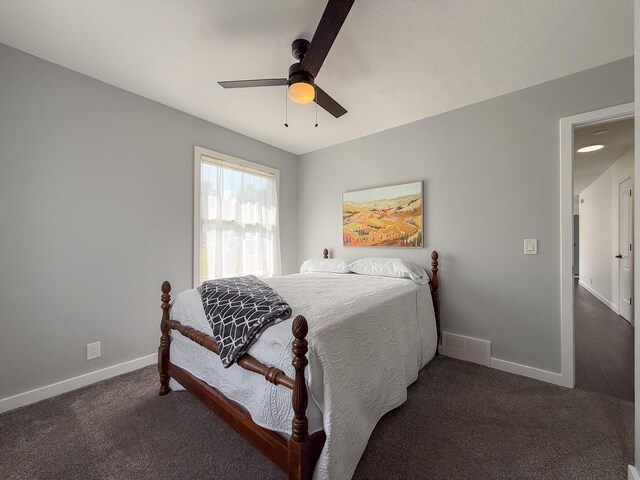 56570 Warren Dr, Dowagiac, MI 49047 - bedroom with dark carpet and a ceiling fan