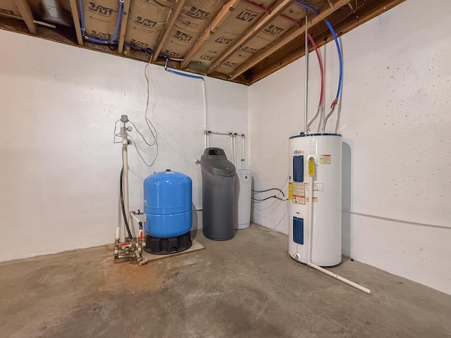 56570 Warren Dr, Dowagiac, MI 49047 - unfinished basement featuring electric water heater, a water softener, and a water pressure tank