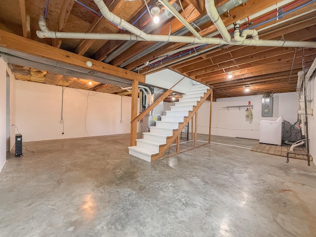 56570 Warren Dr, Dowagiac, MI 49047 - unfinished below grade area with electric panel, washer / clothes dryer, and stairs