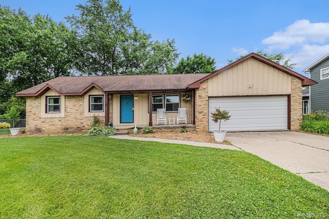 5369 Old Franklin Rd, Grand Blanc, MI 48439 - ranch-style house featuring brick siding, an attached garage, a porch, concrete driveway, and board and batten siding