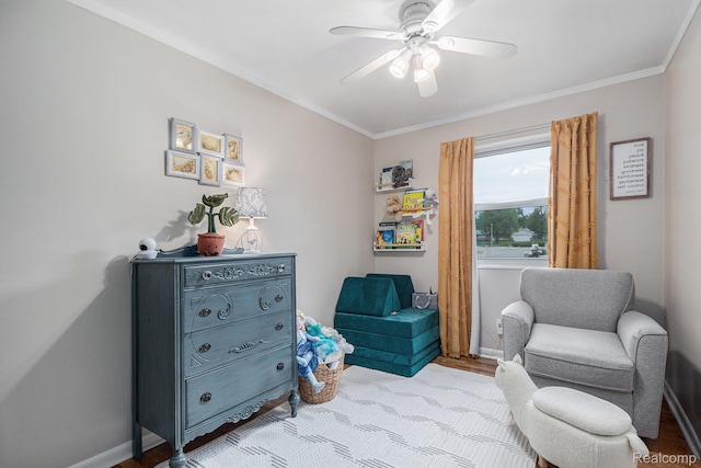 5369 Old Franklin Rd, Grand Blanc, MI 48439 - sitting room with crown molding, a ceiling fan, and wood finished floors