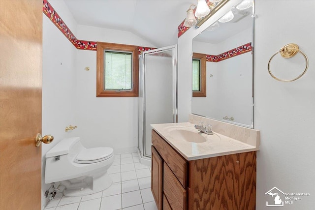 1617 Davis St, Wyandotte, MI 48192 - full bath featuring lofted ceiling, vanity, a shower stall, and tile patterned flooring