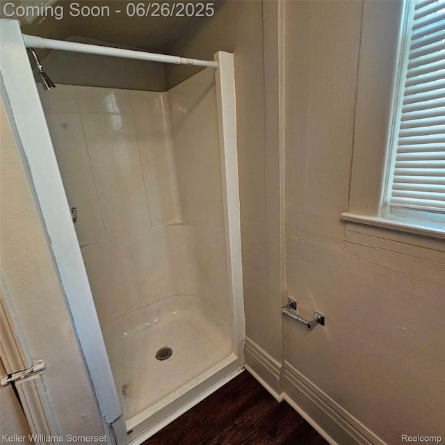 3909 Electric Ave, Port Huron, MI 48060 - bathroom featuring a shower stall and wood finished floors