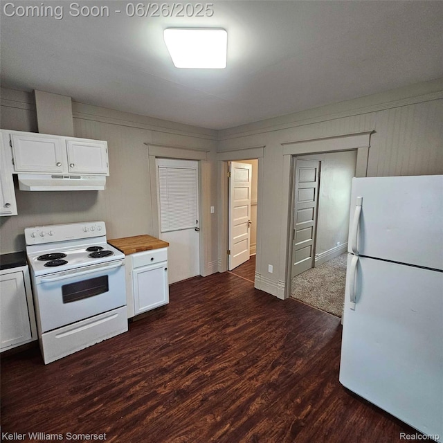 3909 Electric Ave, Port Huron, MI 48060 - kitchen with white appliances, under cabinet range hood, white cabinets, and dark wood-style floors