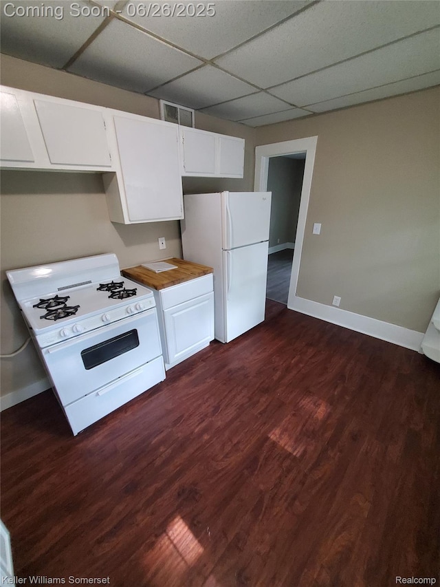 3909 Electric Ave, Port Huron, MI 48060 - kitchen with white appliances, a paneled ceiling, white cabinets, dark wood-style flooring, and light countertops