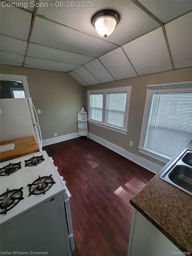 3909 Electric Ave, Port Huron, MI 48060 - kitchen featuring white appliances, dark wood-style flooring, and lofted ceiling