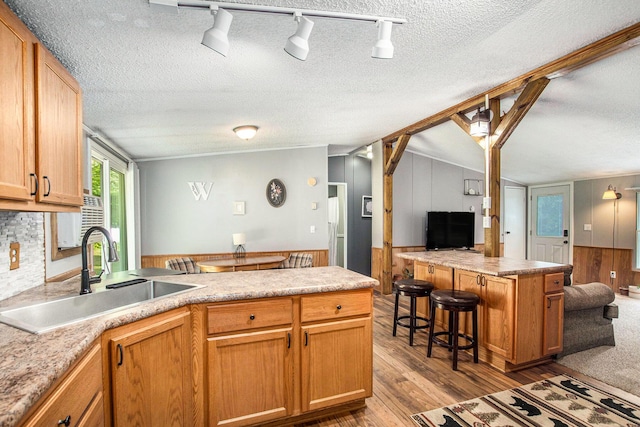 12467 S Running Deer Ln, Grant, MI 49327 - kitchen with a peninsula, open floor plan, track lighting, light wood-style flooring, and wood walls