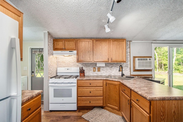 12467 S Running Deer Ln, Grant, MI 49327 - kitchen featuring white range with gas stovetop, under cabinet range hood, refrigerator, a textured ceiling, and tasteful backsplash